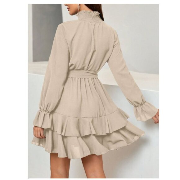 SHEIN Relaxiva Mock Neck Flare Sleeve Layer Hem Belted Boho Dress Size M - Picture 2 of 6